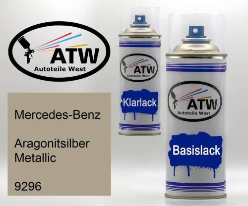 Mercedes-Benz, Aragonitsilber Metallic, 9296: 400ml Sprühdose + 400ml Klarlack - Set, von ATW Autoteile West.